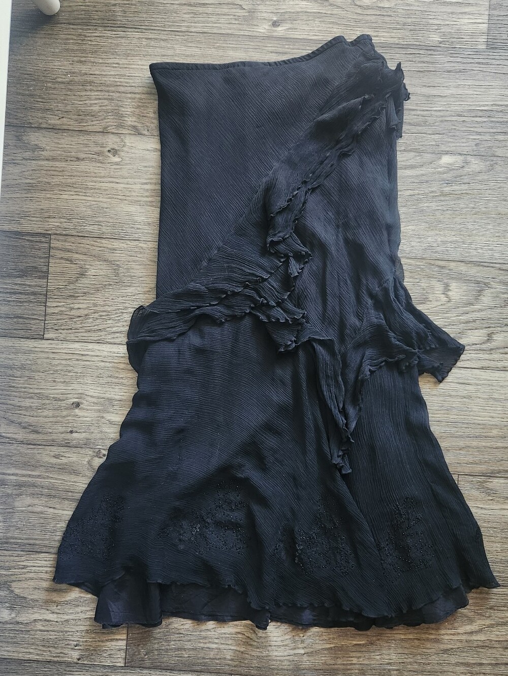 Vintage Y2K Newport News 100% Silk Ruffled Asymmetrical Midi Skirt Black M - Picture 7 of 7